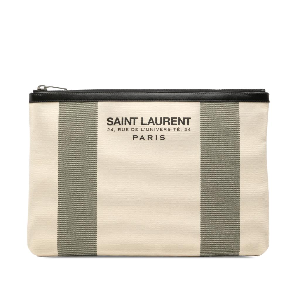 Saint Laurent AB Saint Laurent White Ivory with Green Mint Canvas Fabric Beach Zip Clutch Italy