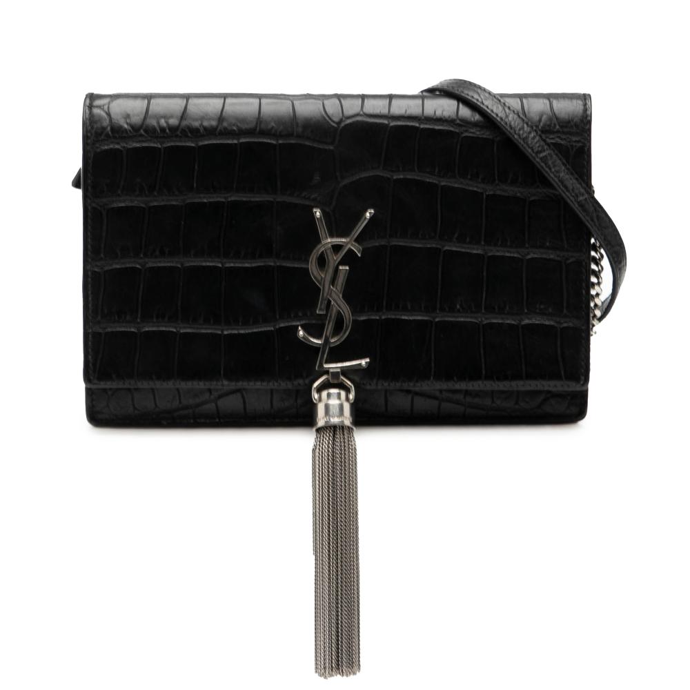 Saint Laurent B Saint Laurent Black Calf Leather Croc Embossed Monogram Kate Tassel Wallet on Chain Italy