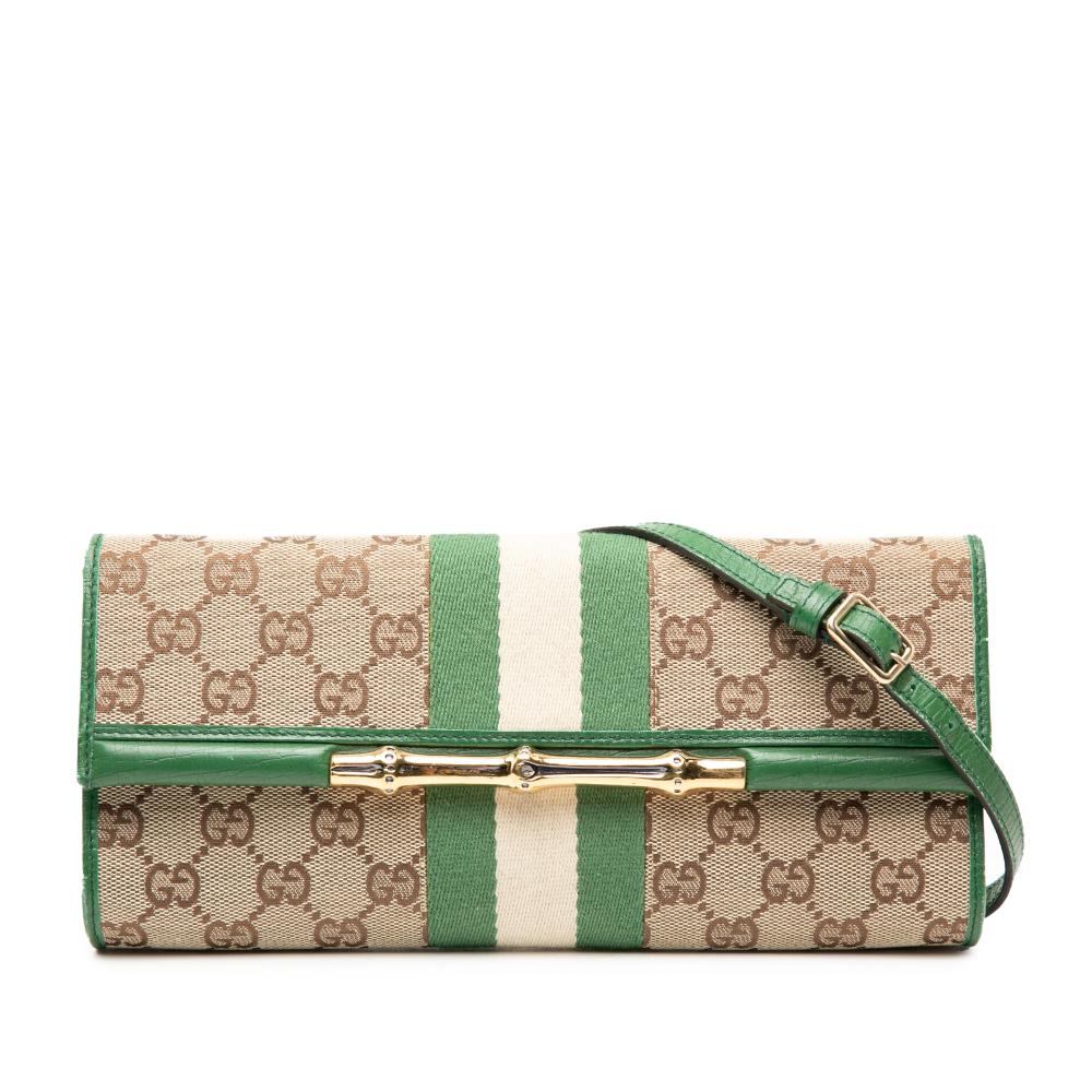 Gucci B Gucci Brown Beige with Green Canvas Fabric GG Web Bamboo Bar Crossbody Italy