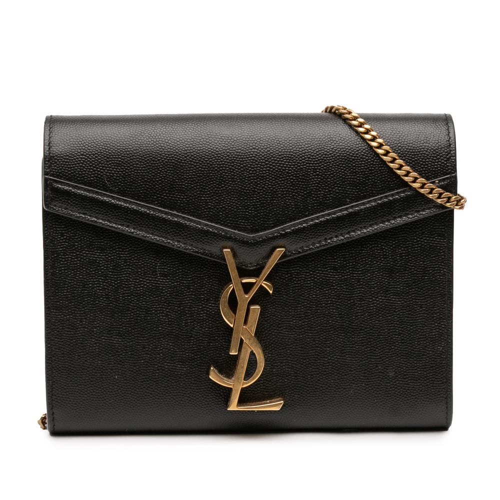 Saint Laurent AB Saint Laurent Black Calf Leather Grain De Poudre Monogram Cassandra Chain Wallet Italy