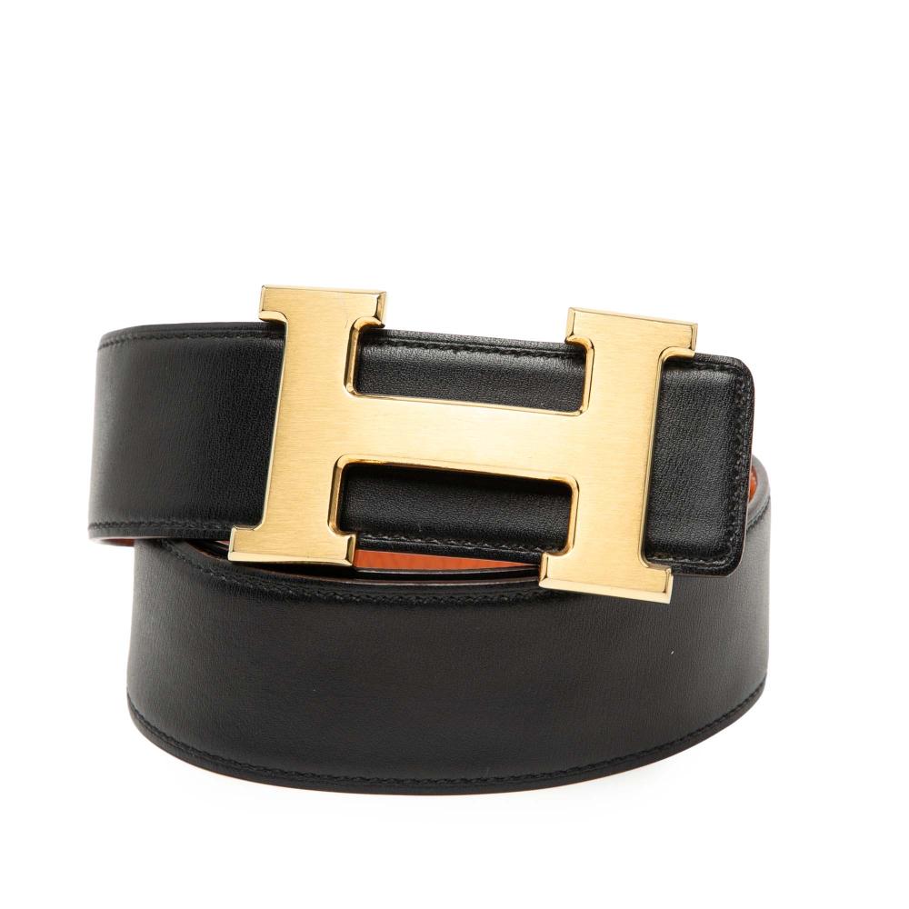 Hermès AB Hermès Black with Orange Calf Leather Box and Togo Constance H Reversible Belt France