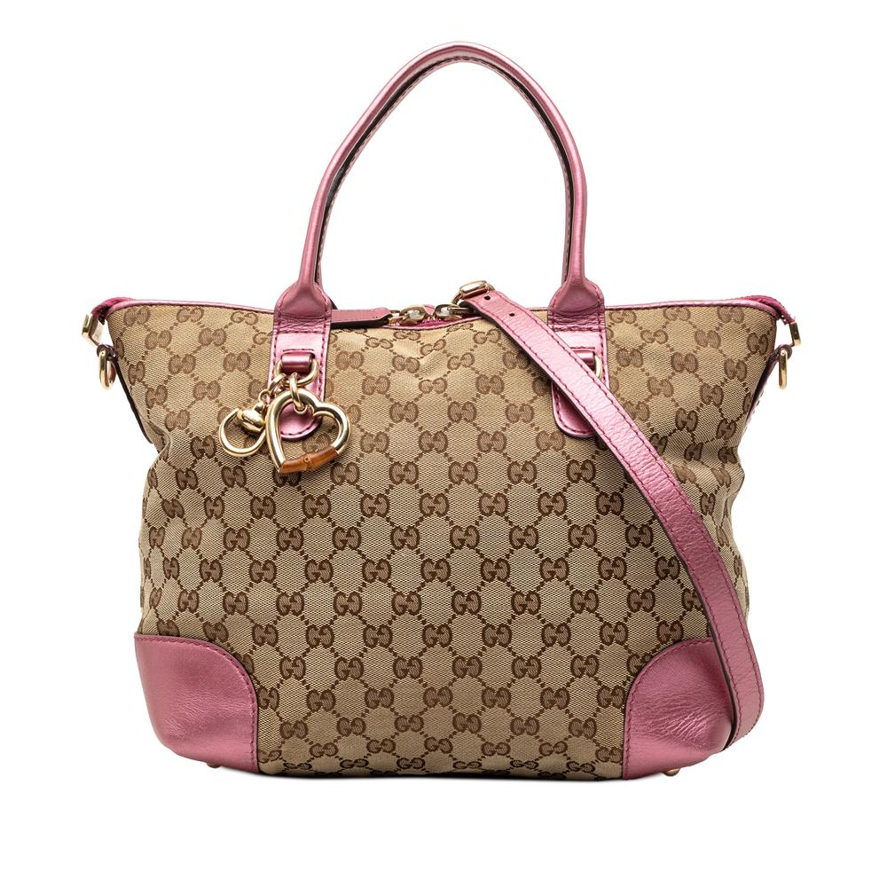 Gucci B Gucci Brown Beige with Pink Canvas Fabric GG Heart Bit Satchel Italy