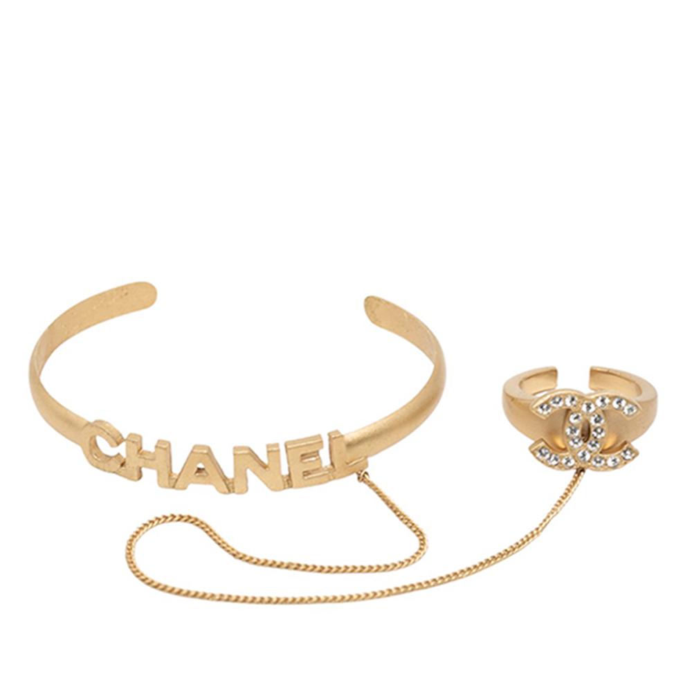 Chanel AB Chanel Gold Gold Plated Metal CC Rhinestone Logo Cuff Bracelet and Ring Set France
