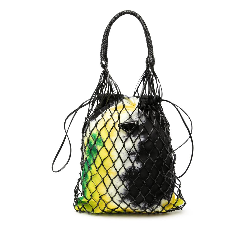 Prada AB Prada Black with Multi Calf Leather Mesh and Tie Dye Printed Tessuto Bucket Bag Italy