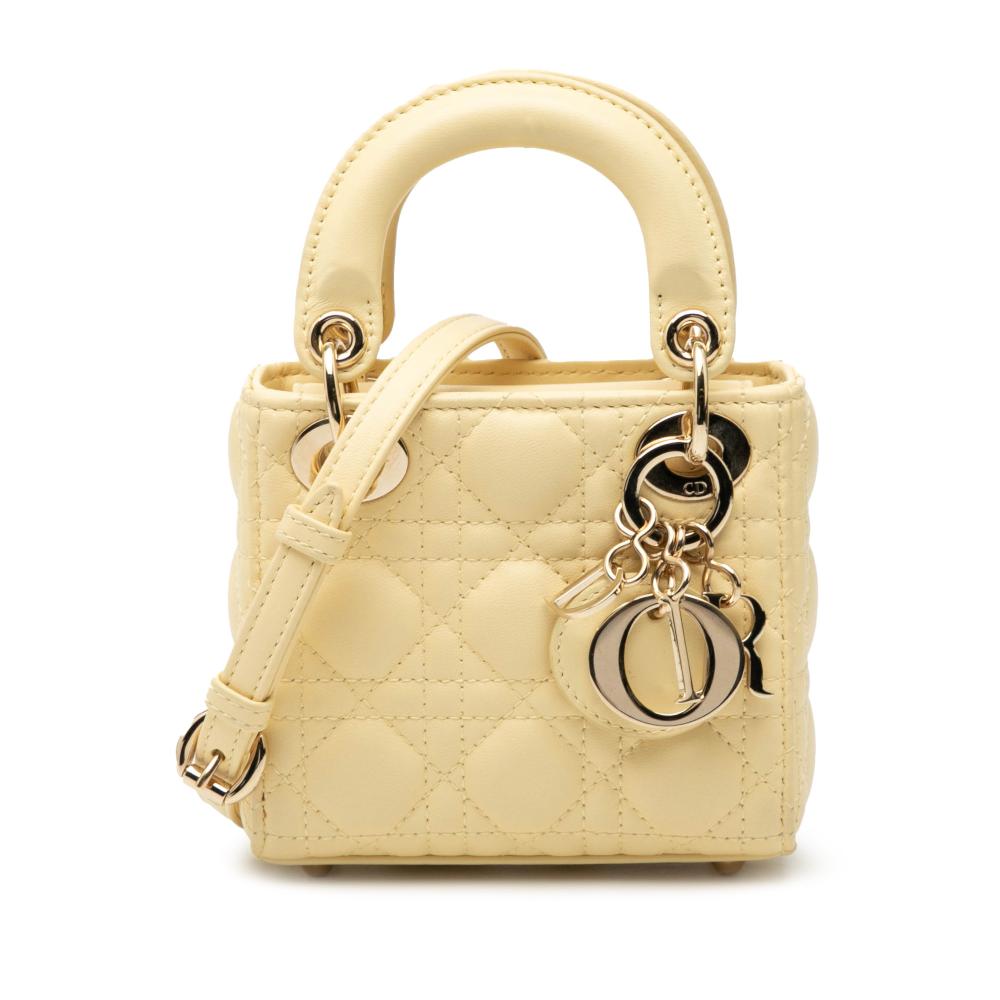 Christian Dior AB Dior Yellow Light Yellow Lambskin Leather Leather Micro Lambskin Cannage Lady Dior Italy