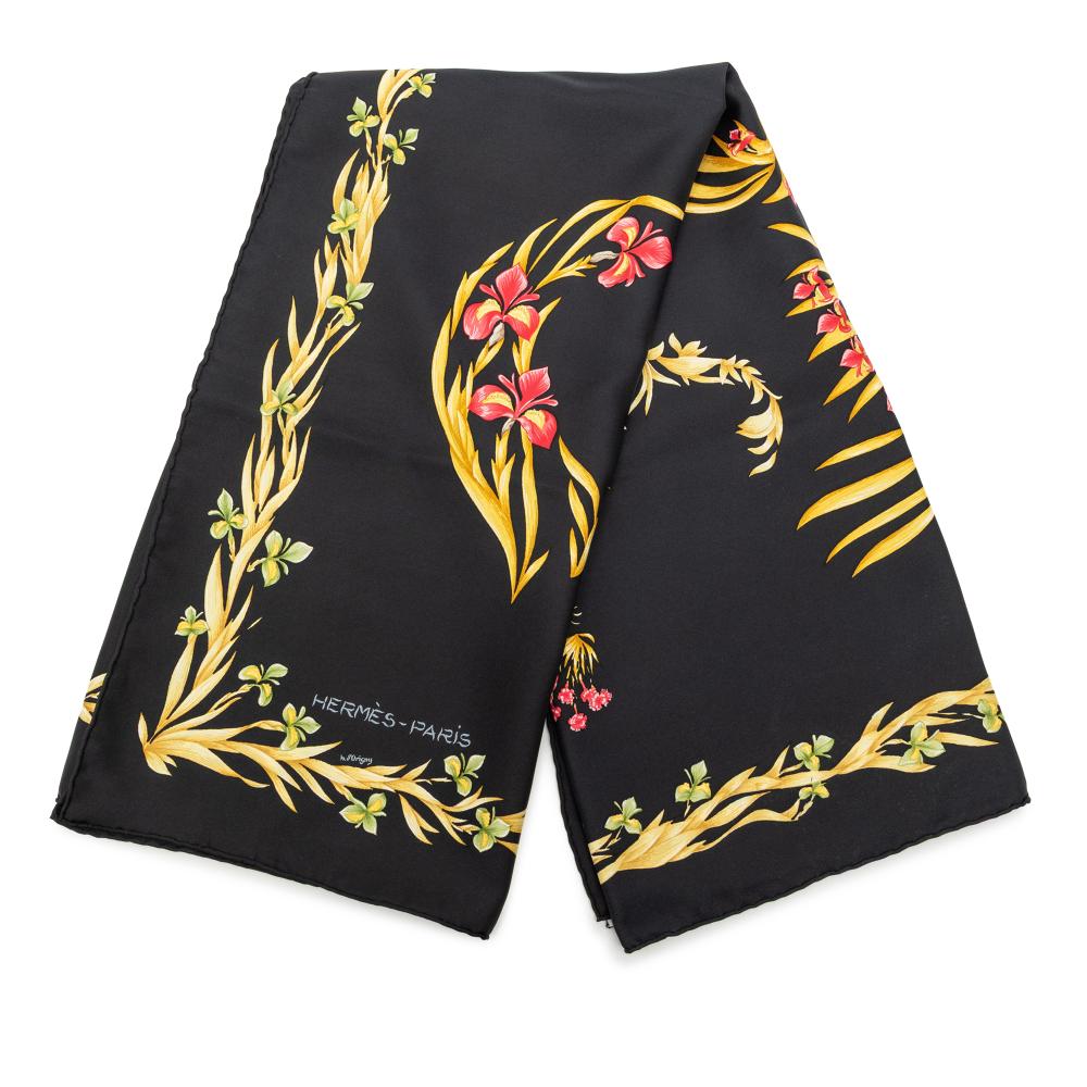 Hermès AB Hermès Black Silk Fabric Cheval Fleuri Scarf France