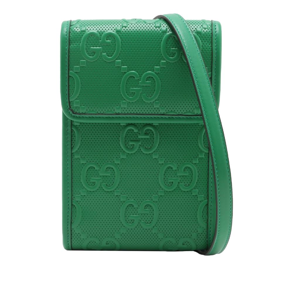 Gucci AB Gucci Green Calf Leather GG Embossed Flap Crossbody Italy