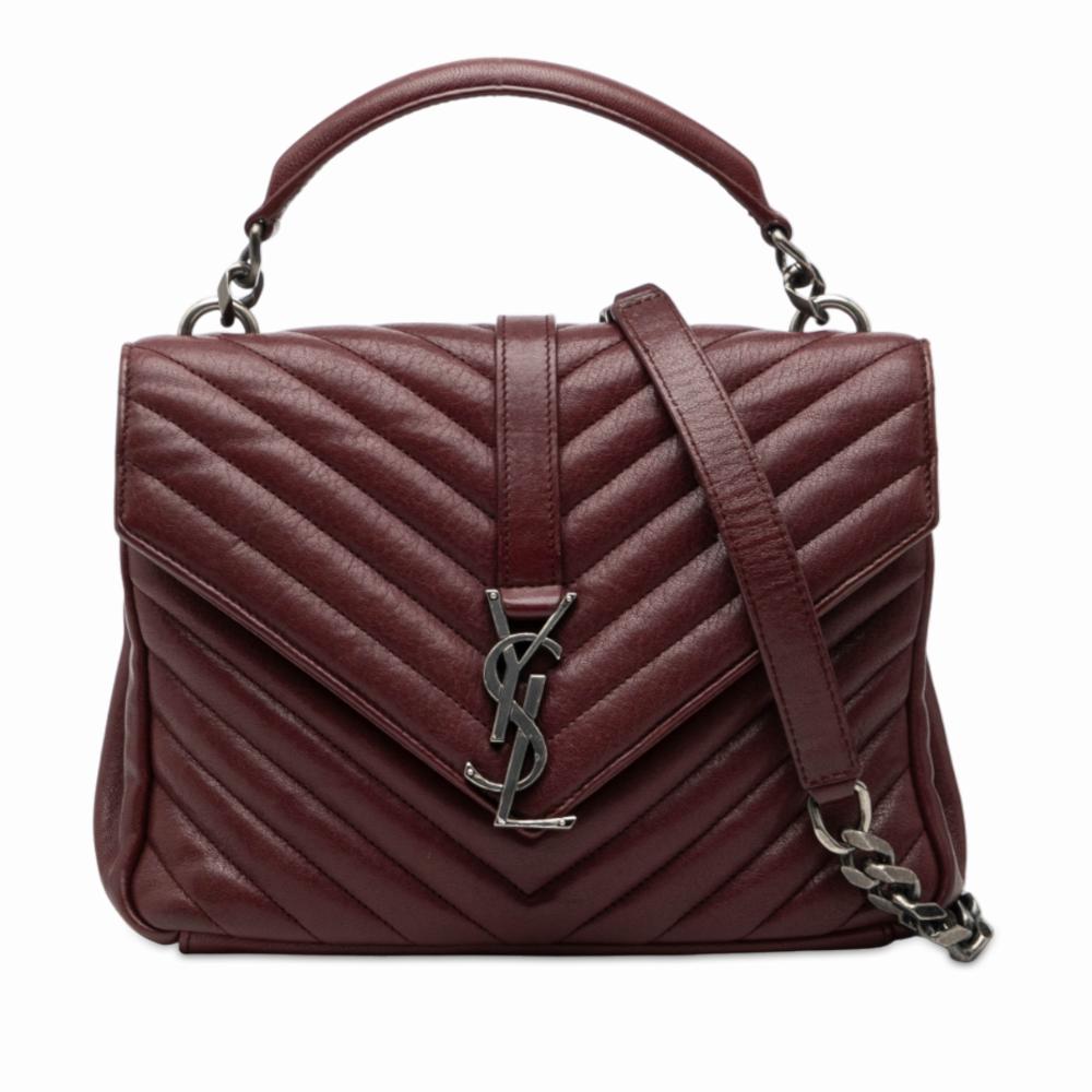 Saint Laurent Red Medium Quilted Chevron Sheepskin College Satchel Italy