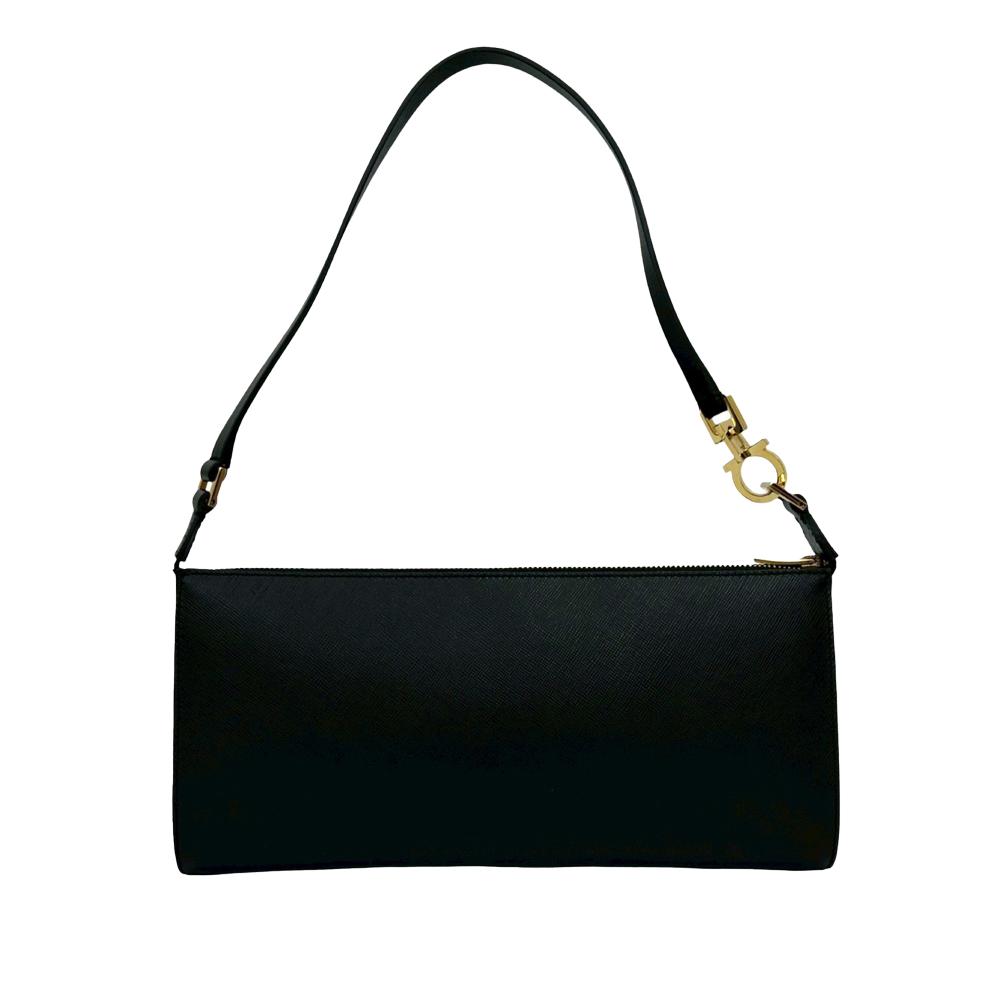 Ferragamo AB Ferragamo Black Calf Leather Gancini Shoulder Bag Italy