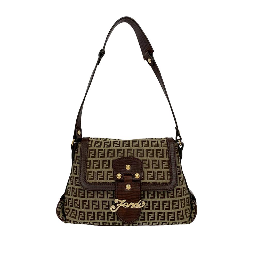 Fendi AB Fendi Brown Canvas Fabric Zucchino Flap Shoulder Bag Italy