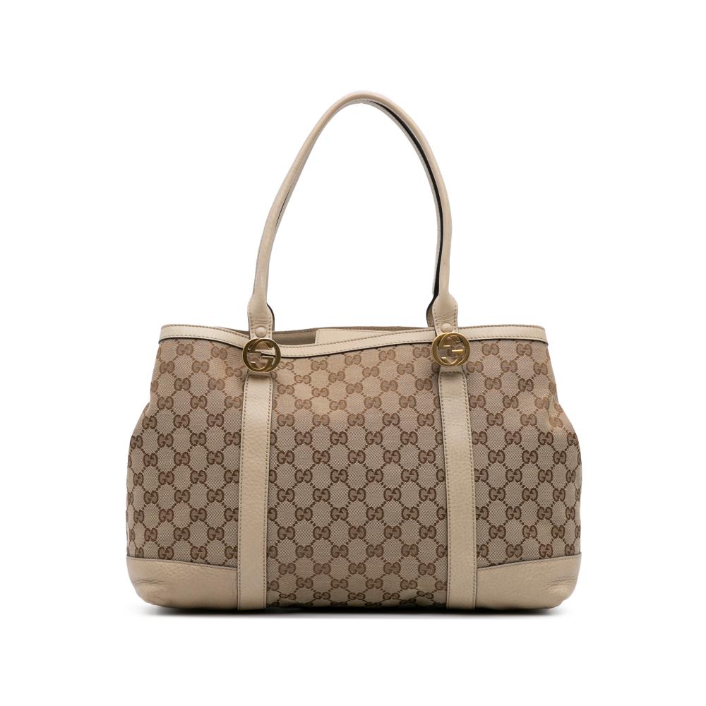 Gucci B Gucci Brown Beige with White Canvas Fabric GG Miss GG Tote Italy