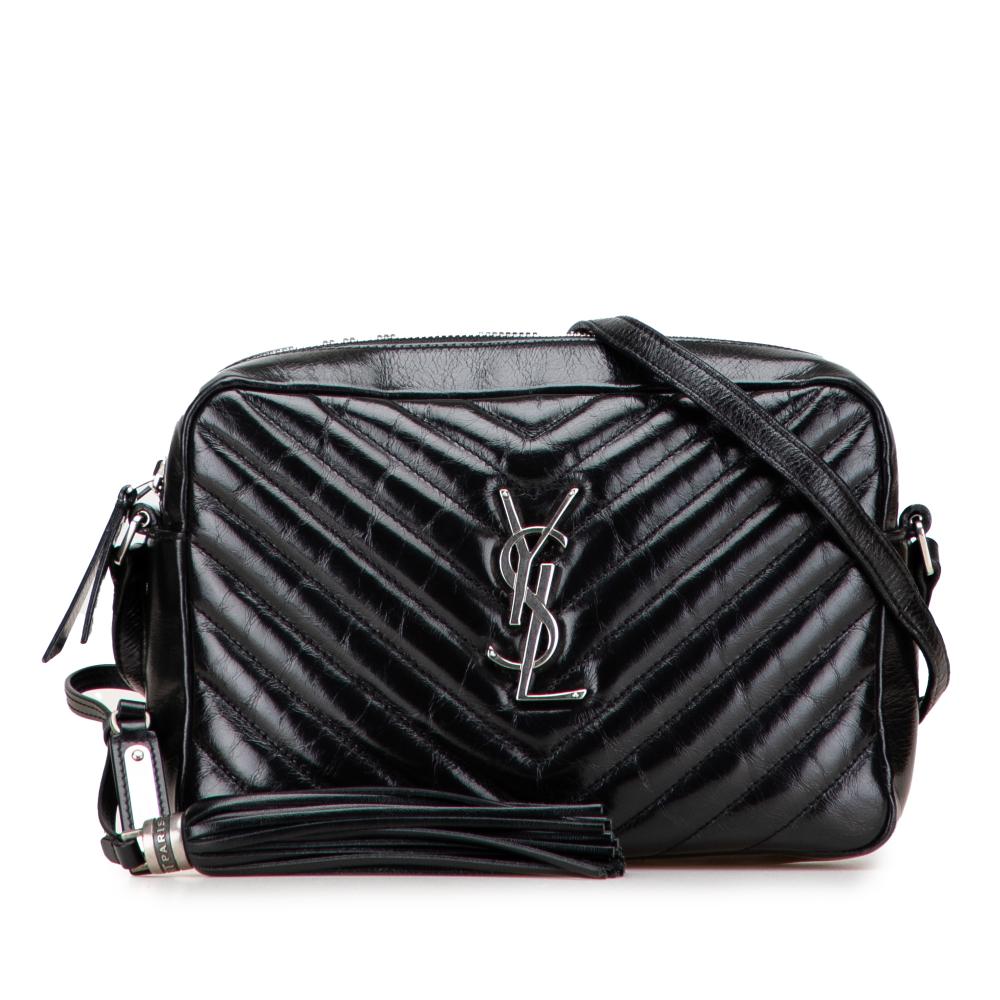 Saint Laurent B Saint Laurent Black Calf Leather Cracked Shiny skin Matelasse Tassel Monogram Lou Camera Bag Italy