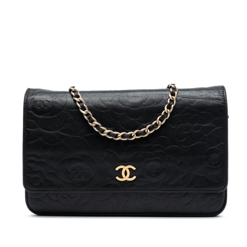 Chanel B Chanel Black Lambskin Leather Leather CC Embossed Lambskin Camellia Wallet On Chain France