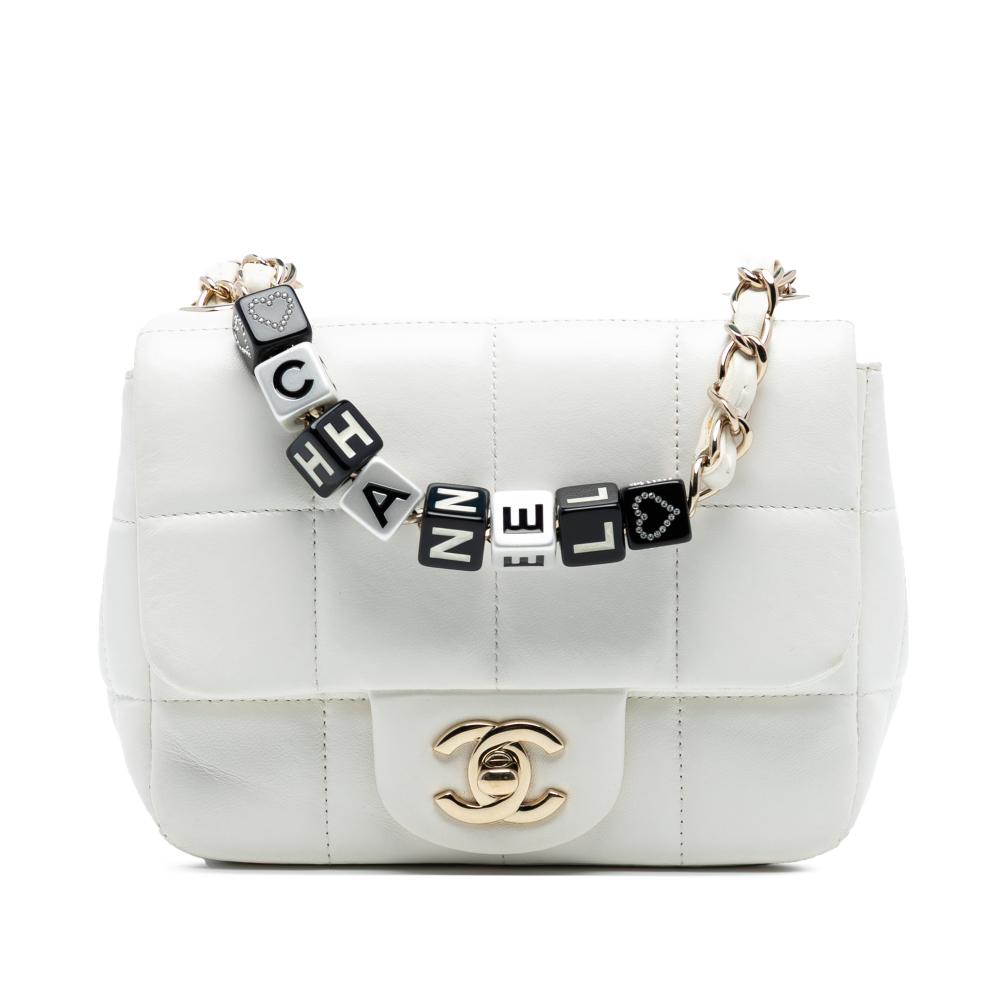 Chanel White Ivory Lambskin Leather Leather Mini Square Lambskin Resin Crystal Monacoco Flap France