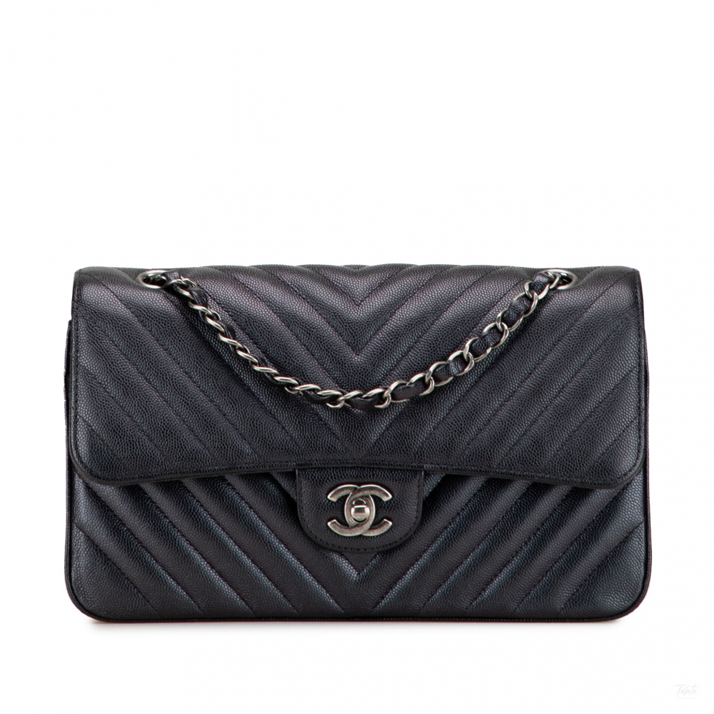 Chanel Classic Double Flap Medium Caviar Leather Chevron Shoulder Bag Black