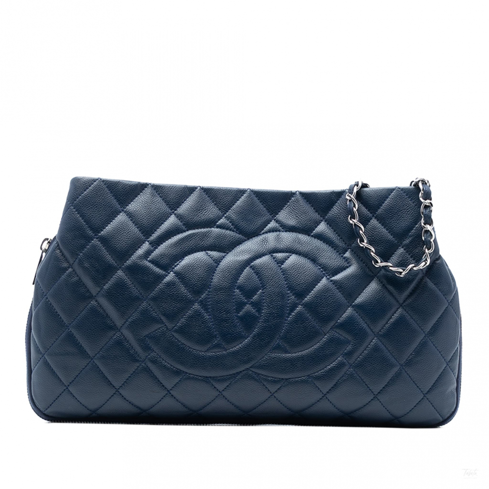 Chanel Expandable Tote Caviar Leather Matelassè Shoulder Bag Blue
