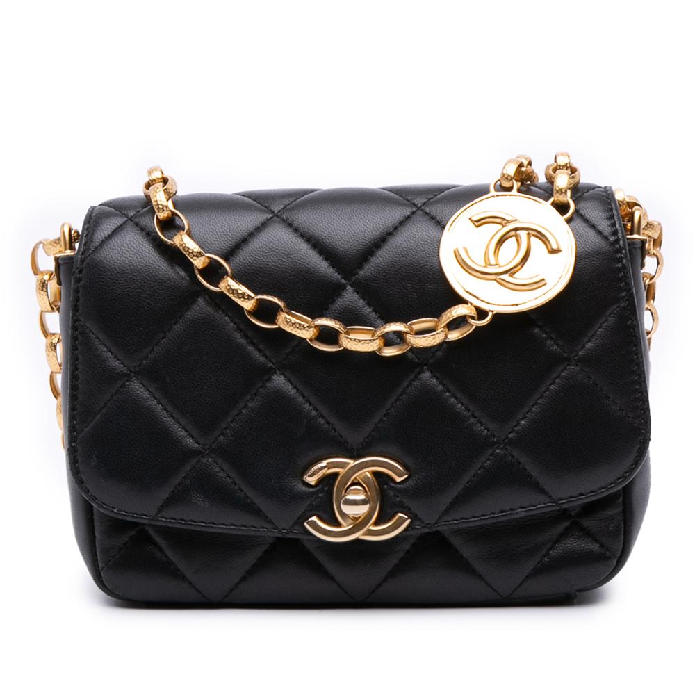 Chanel AB Chanel Black Lambskin Leather Leather Small Quilted Lambskin CC Coin Flap Italy