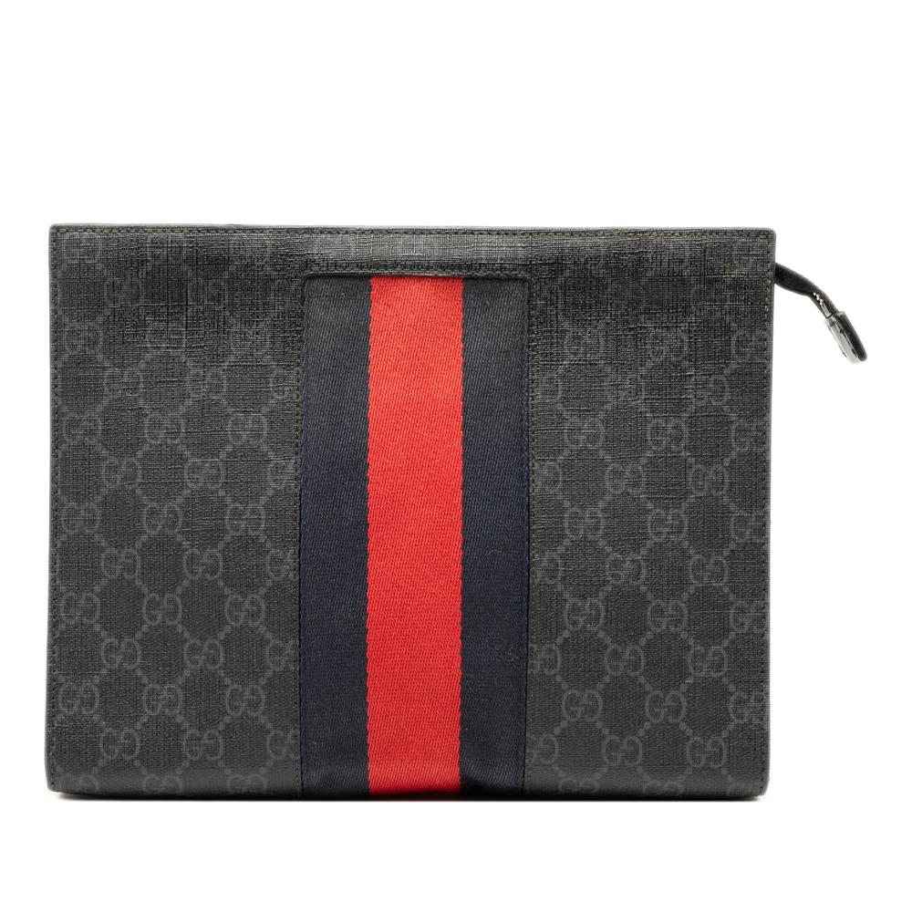 Gucci B Gucci Black Coated Canvas Fabric GG Supreme Web Clutch Italy