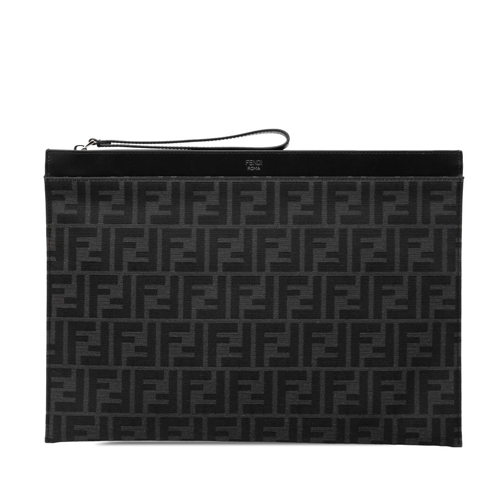 Fendi AB Fendi Black Canvas Fabric Large Zucca Flat Pouch Italy
