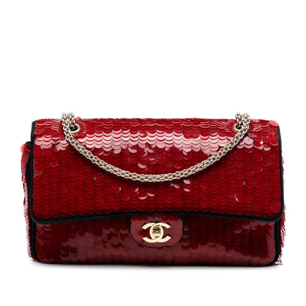 Chanel AB Chanel Red with Black Satin Fabric Paris-Shanghai Medium and Sequins Double Flap France