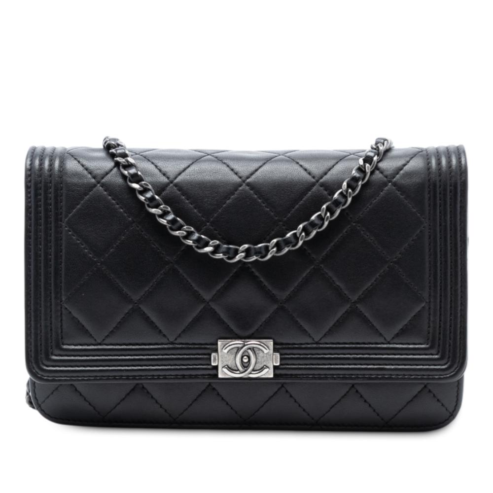 Chanel AB Chanel Black Lambskin Leather Leather Quilted Lambskin Boy Wallet On Chain Italy
