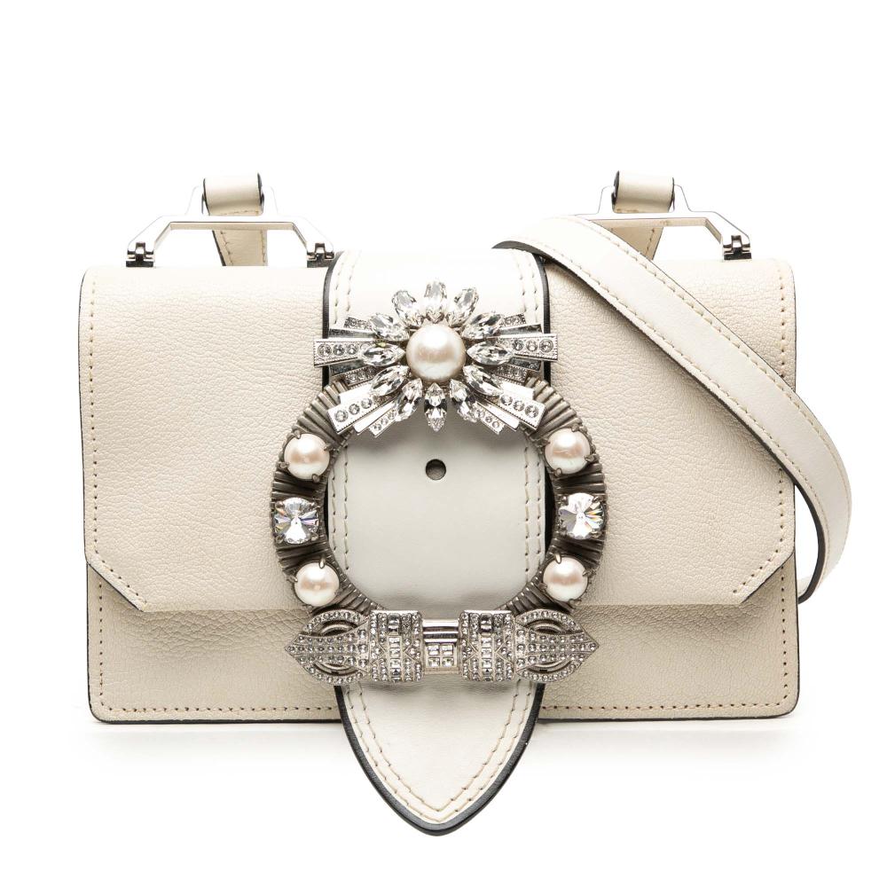 Miu Miu B Miu Miu White Ivory Goatskin Leather Madras Soft Calf Crystal Embellished Crossbody Italy