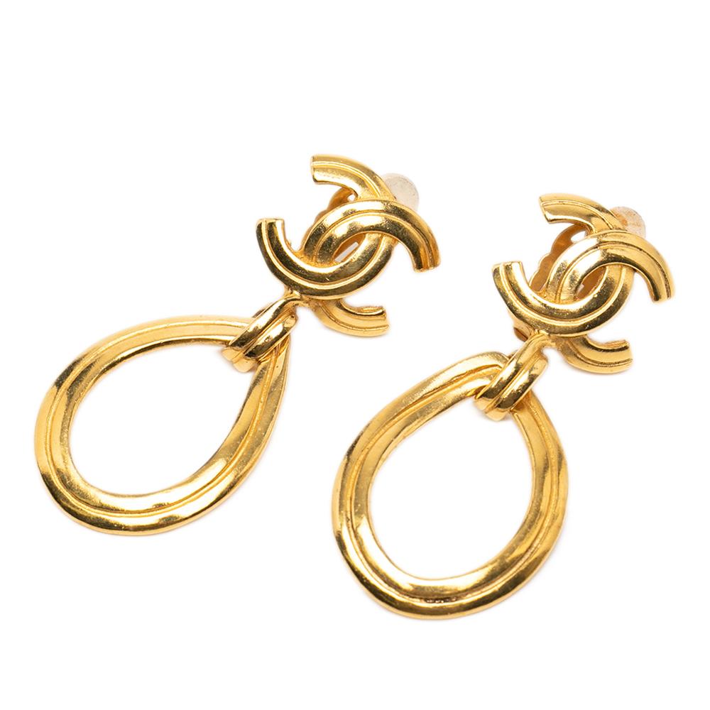 Chanel AB Chanel Gold Gold Plated Metal CC Teardrop Dangle Hoop Clip On Earrings France