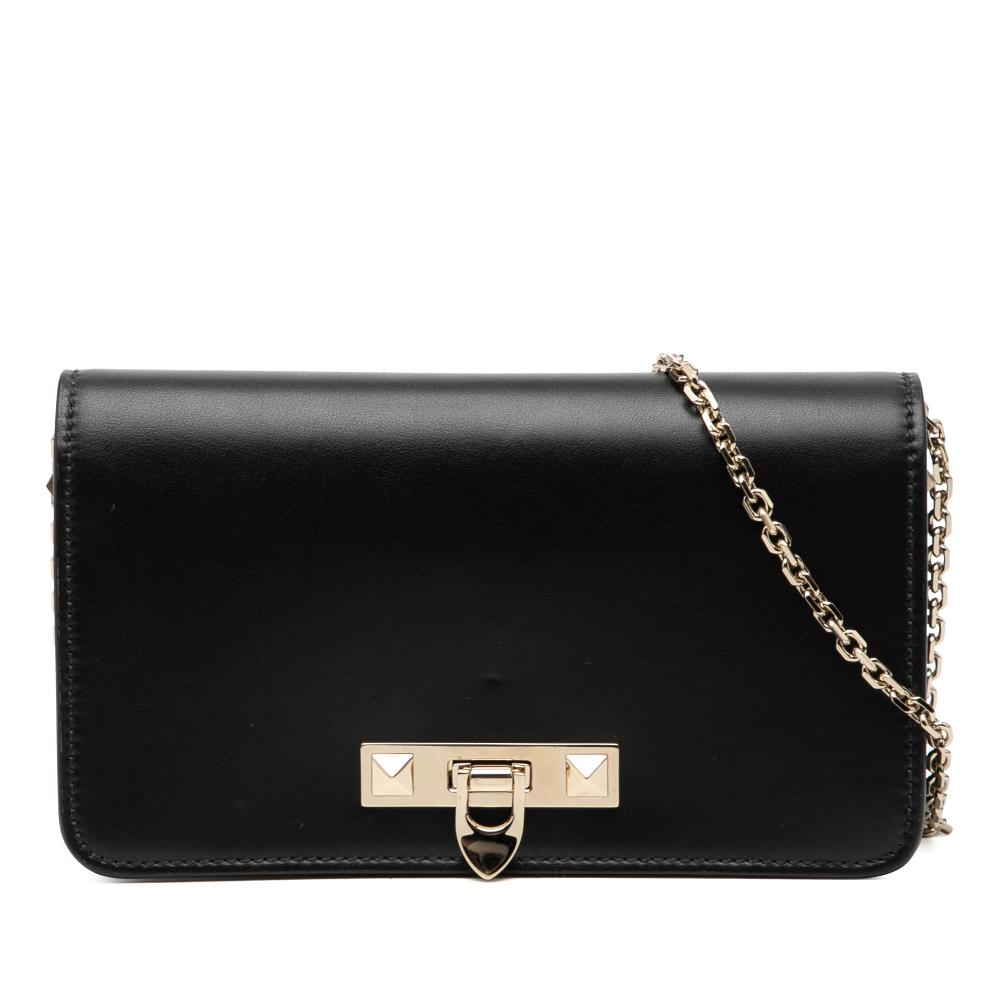 Valentino AB Valentino Black Calf Leather Rockstud Wallet on Chain Italy
