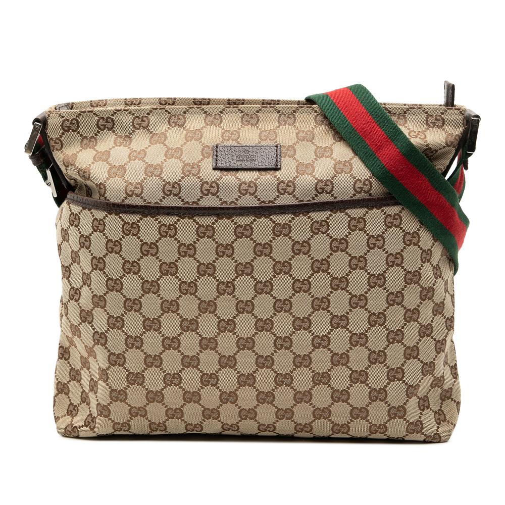 Gucci B Gucci Brown Beige Canvas Fabric GG Web Crossbody Italy