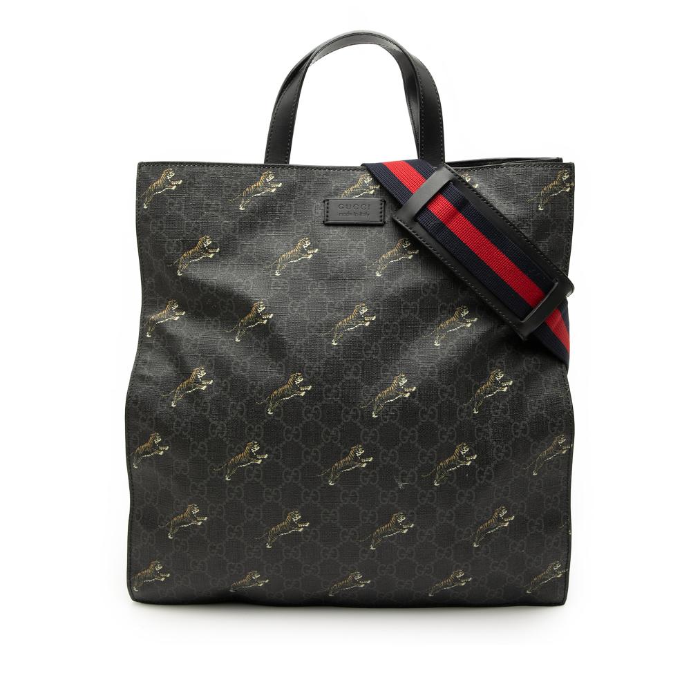 Gucci B Gucci Black Coated Canvas Fabric GG Supreme Tiger Convertible Soft Tote Italy