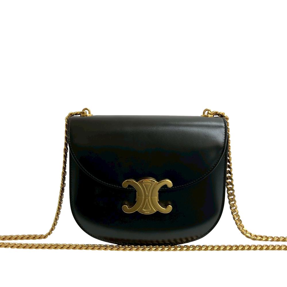 Celine AB Celine Black Calf Leather Teen Shiny skin Triomphe Besace Clea Chain Crossbody France
