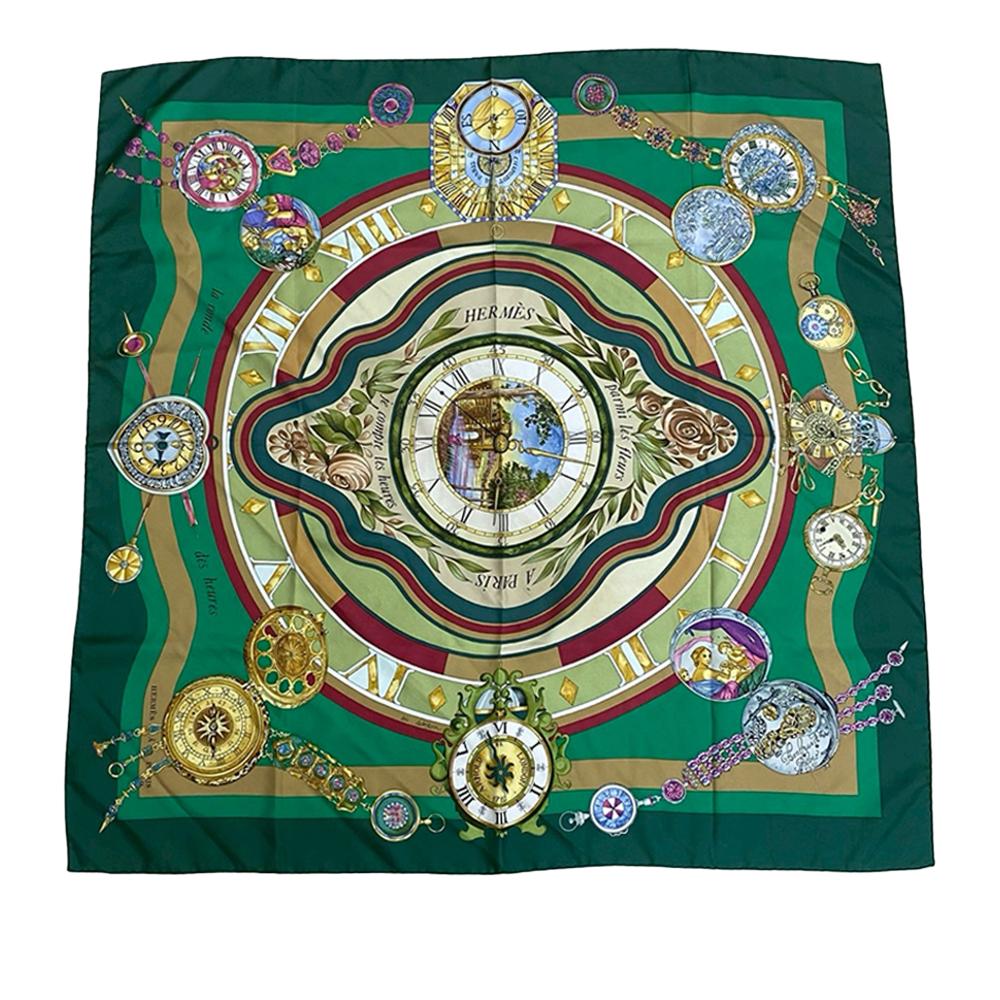 Hermès AB Hermès Green with Multi Silk Fabric La Ronde des Heures Scarf Carre 90 France