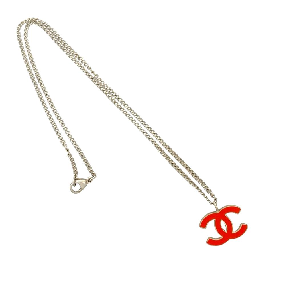 Chanel AB Chanel Silver with Red Silver Plated Metal CC Enamel Pendant Necklace France