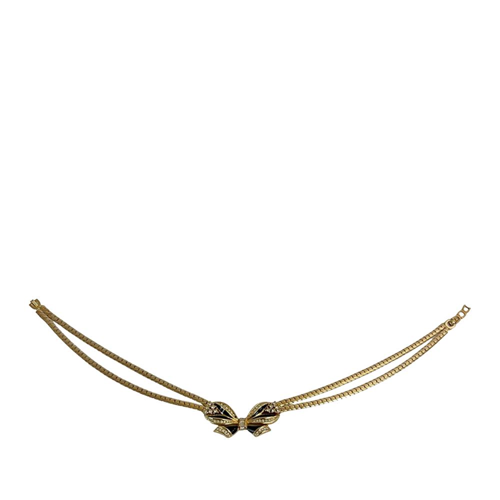 Christian Dior AB Dior Gold Gold Plated Metal Rhinestone and Enamel Ribbon Motif Choker Necklace Germany