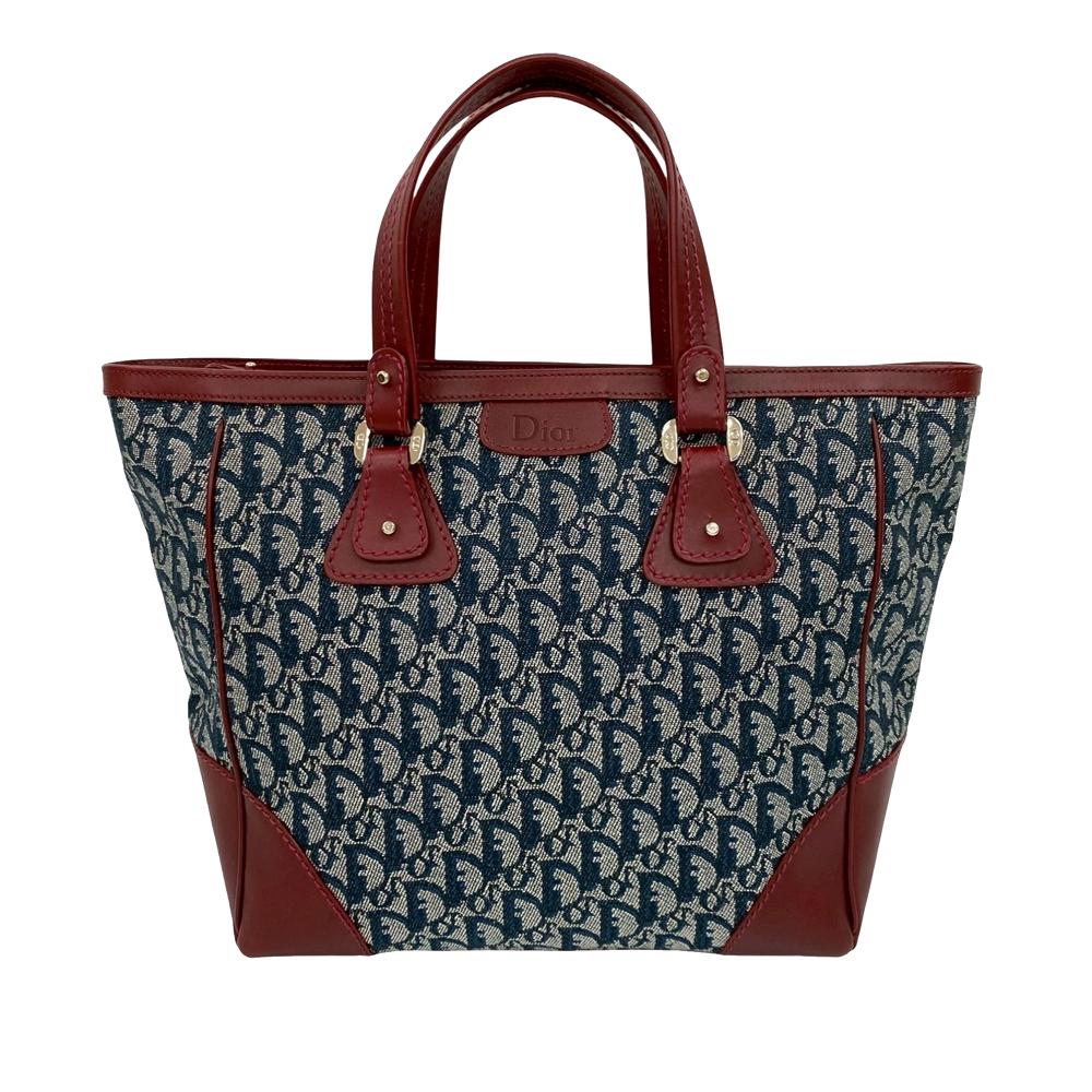 Christian Dior AB Dior Blue Navy with Red Dark Red Canvas Fabric Diorissimo Trotter Zip Tote France