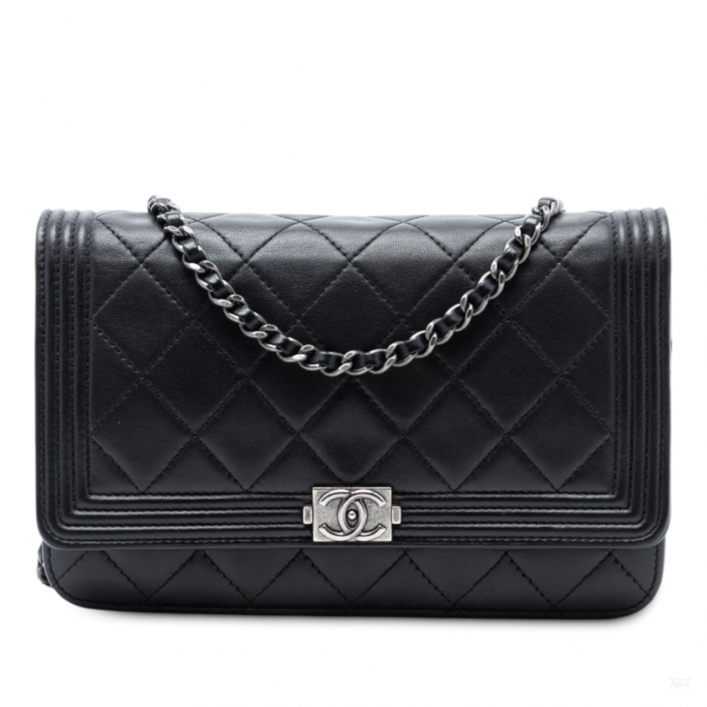 Chanel Boy Lambskin Leather Quilted Wallet on Chain Crossbody Black