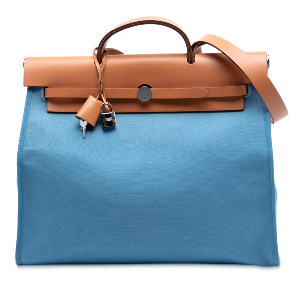 Hermès AB Hermès Blue Light Blue with Brown Canvas Fabric Toile Herbag Zip 39 France