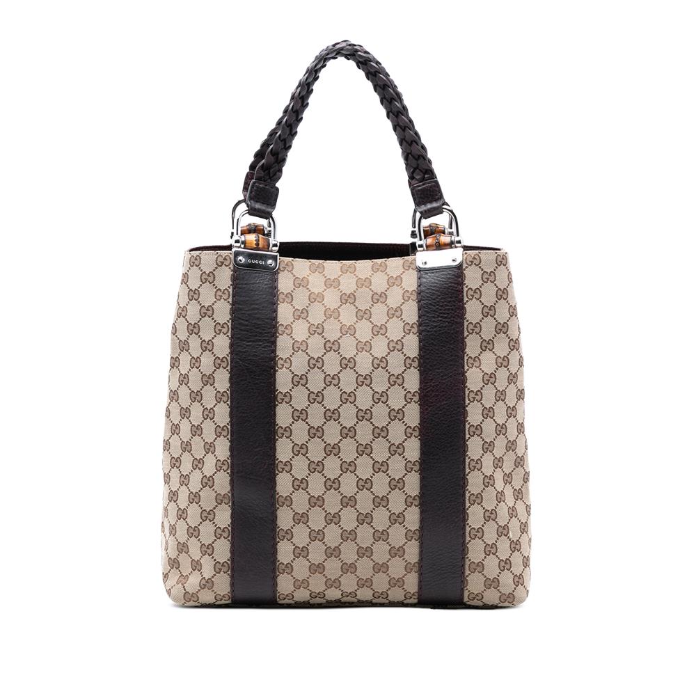 Gucci AB Gucci Brown Beige Canvas Fabric Large GG Bamboo Libeccio Tote Italy