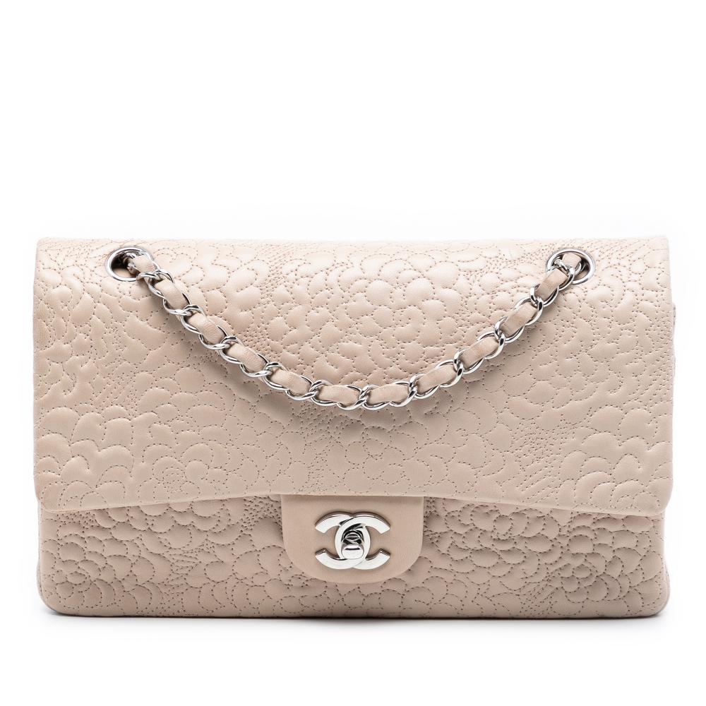 Chanel Brown Medium Classic Lambskin Camellia Stitched Double Flap France