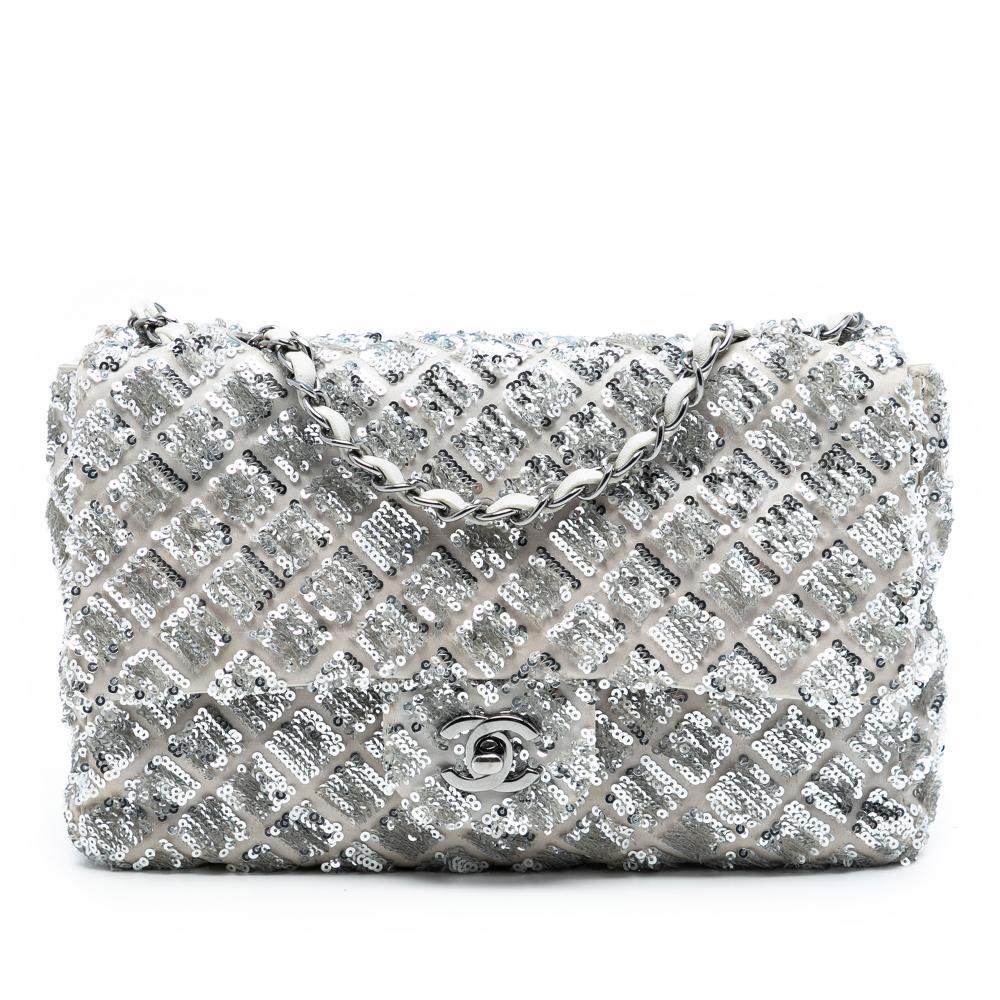 Chanel B Chanel Silver Satin Fabric Medium Seasonal Sequin Flap Italy