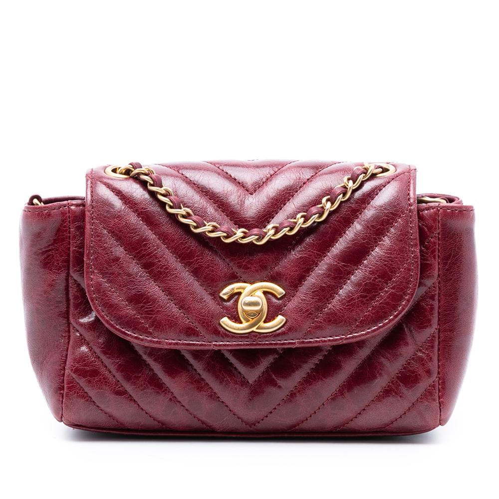 Chanel AB Chanel Red Dark Red Lambskin Leather Leather Small Chevron Aged Lambskin Hampton Flap France