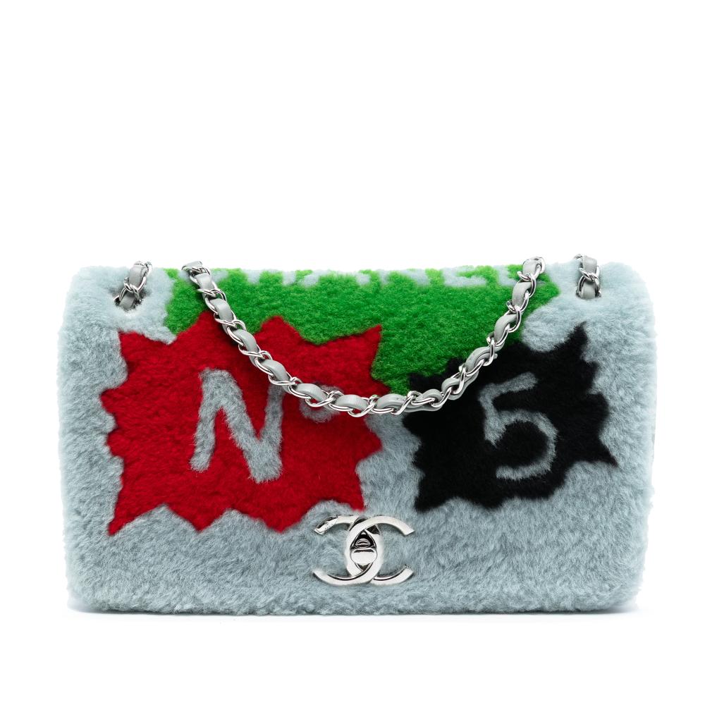 Chanel B Chanel Gray with Multi Shearling Natural Material and Lambskin Patchwork No 5 Pop Art Flap Italy