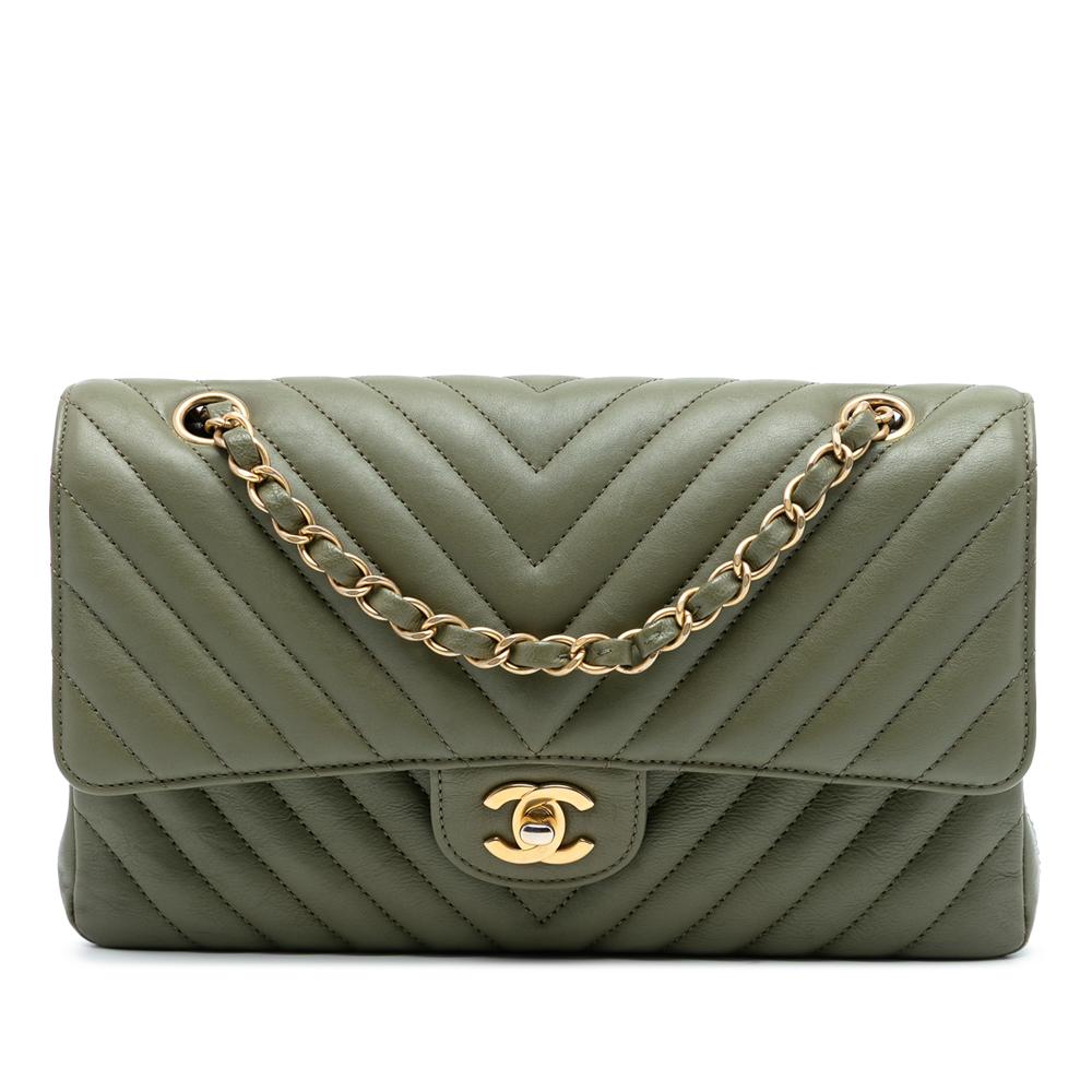 Chanel Green Olive Green Lambskin Leather Leather Medium Classic Chevron Lambskin Double Flap France