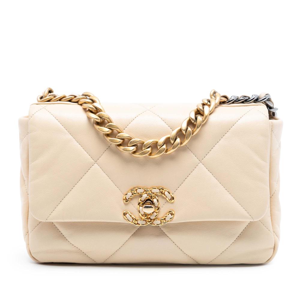 Chanel AB Chanel Brown Beige Lambskin Leather Leather Medium Lambskin 19 Flap Italy