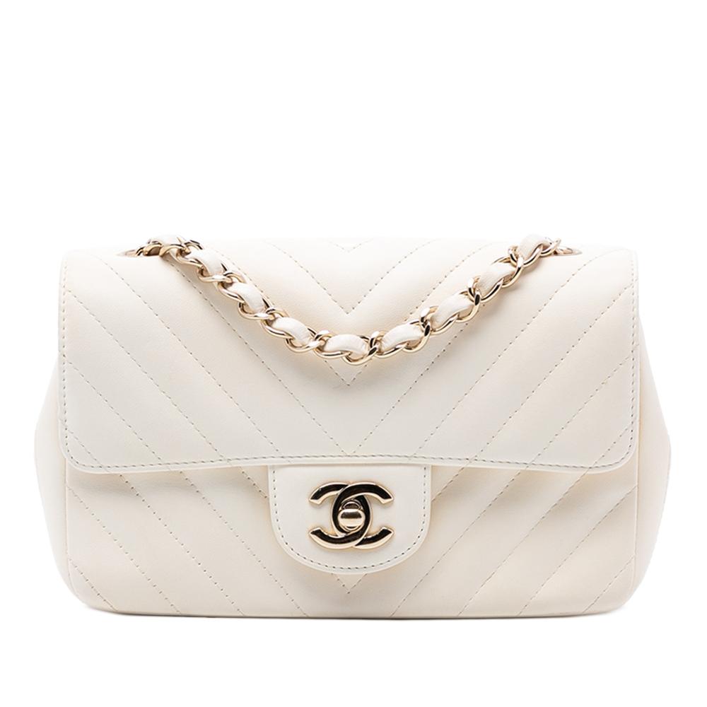 Chanel White Mini Rectangular Classic Chevron Lambskin Single Flap Italy