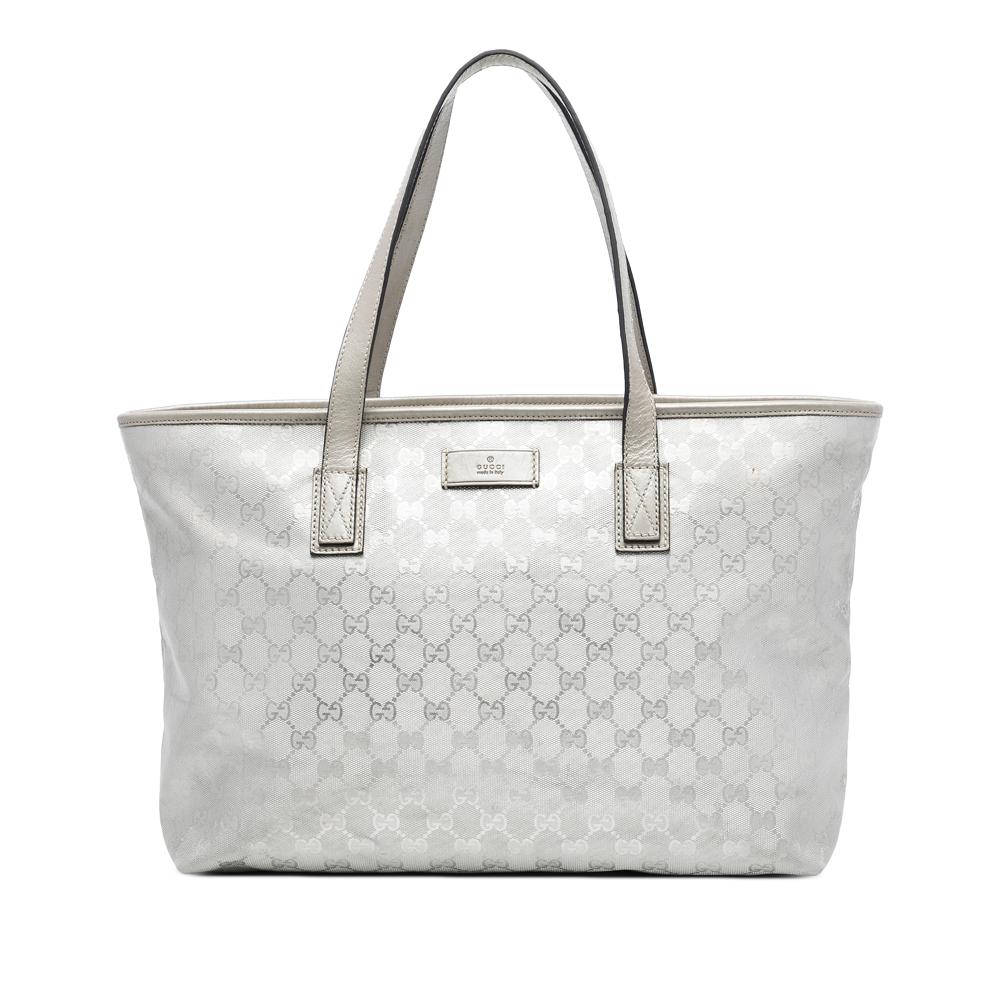 Gucci B Gucci Silver Coated Canvas Fabric Medium GG Imprime Tote Italy