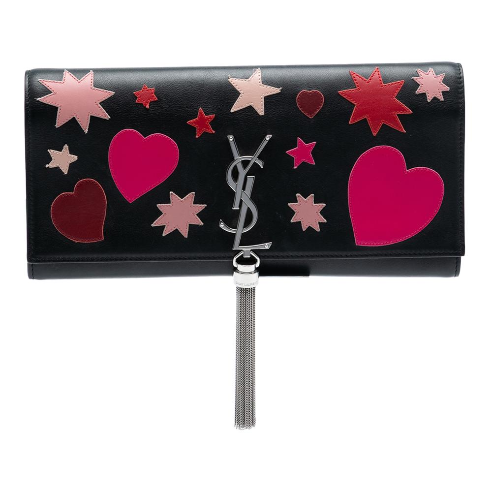Saint Laurent B Saint Laurent Black Calf Leather Medium Monogram Kate Heart Star Patchwork Clutch Italy