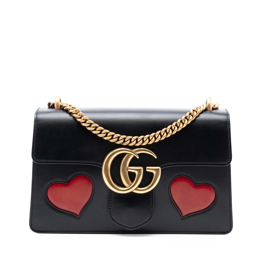 Gucci B Gucci Black Calf Leather Medium GG Marmont Malaga Kid Heart Patch Chain Flap Italy
