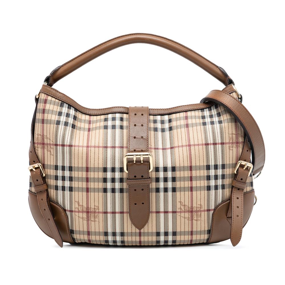 Burberry Brown Beige Coated Canvas Fabric Haymarket Check Stitched and Leather Dunloe Satchel Italy