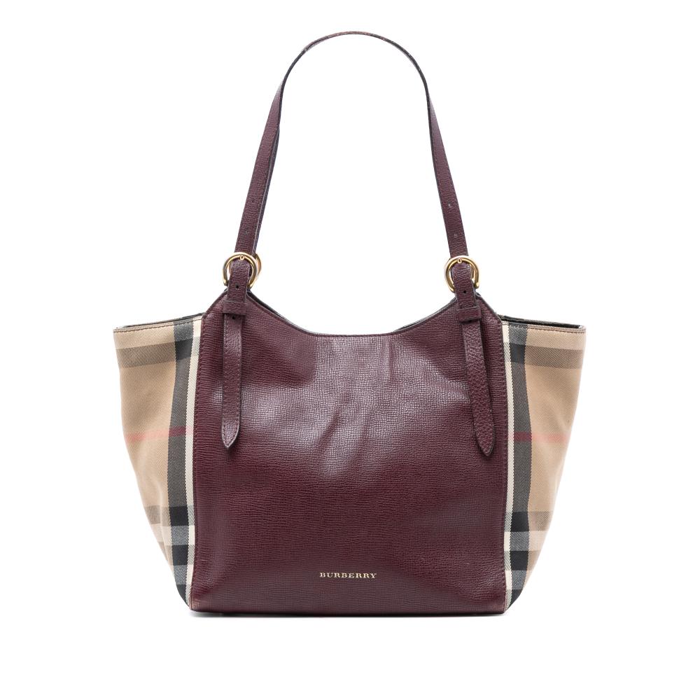 Burberry B Burberry Red Burgundy Calf Leather Small and House Check Canvas Canterbury Tote Italy